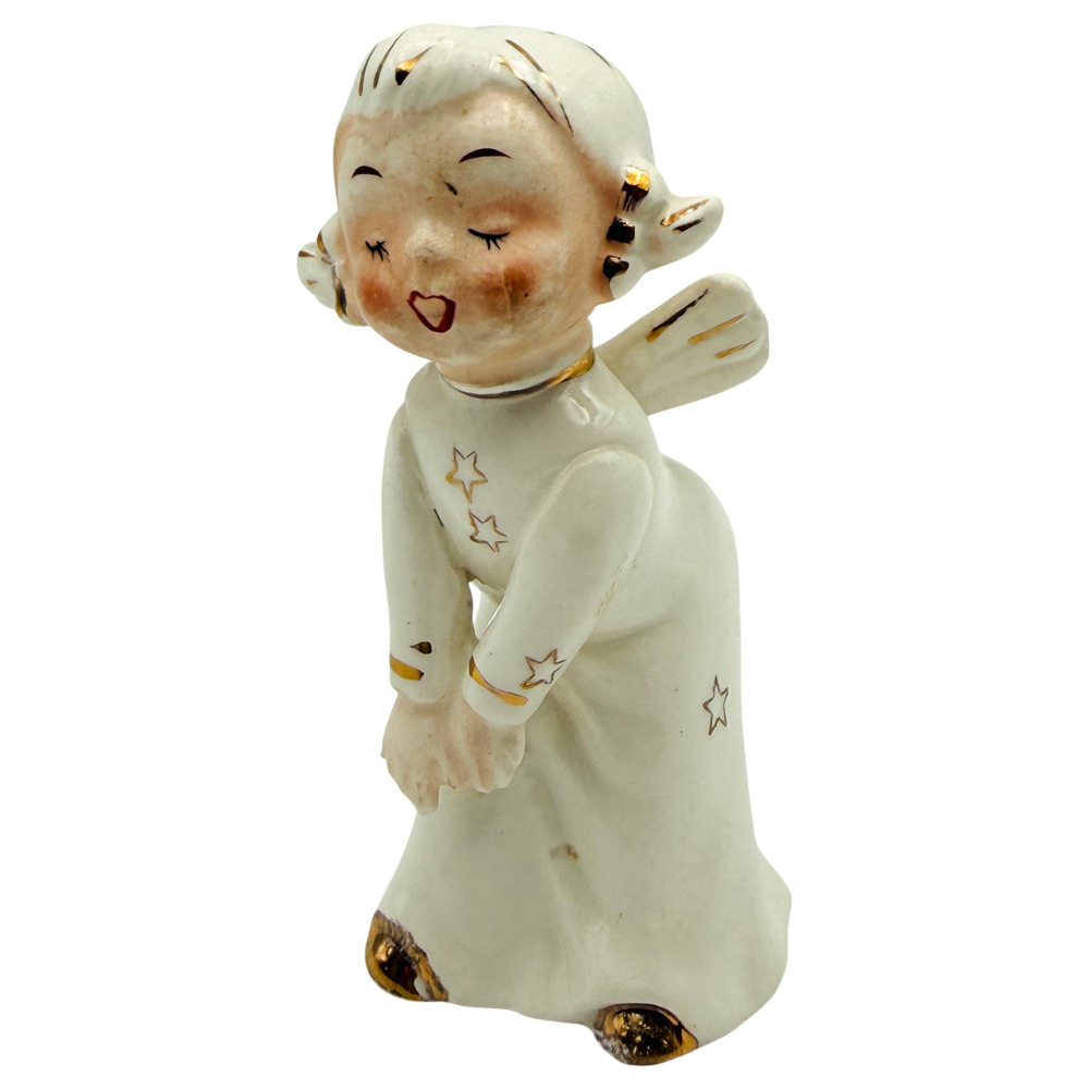 Vintage Ceramic Kissing Angel Figurine Gold Stars Wings Choir Girl Holiday 4" H